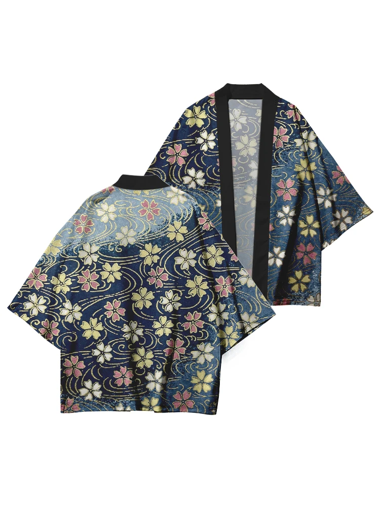 Women's Vintage Japanese Kimono Jacket Flower Folding Fan Print Pattern Japanese Cardigan Neutral Yukata Traditional Kimono