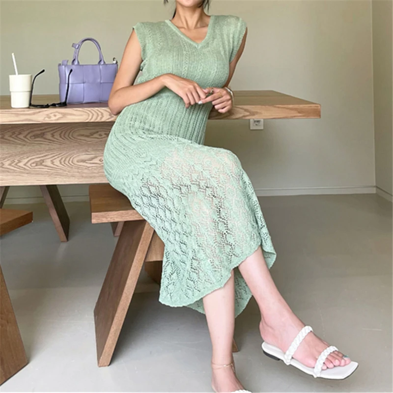 REALEFT Summer 2024 New Lace Crochet Women\'s 2 Pieces Dresses Suits V-Neck Dress and Bottom Dress Inside Female Sets Outfits