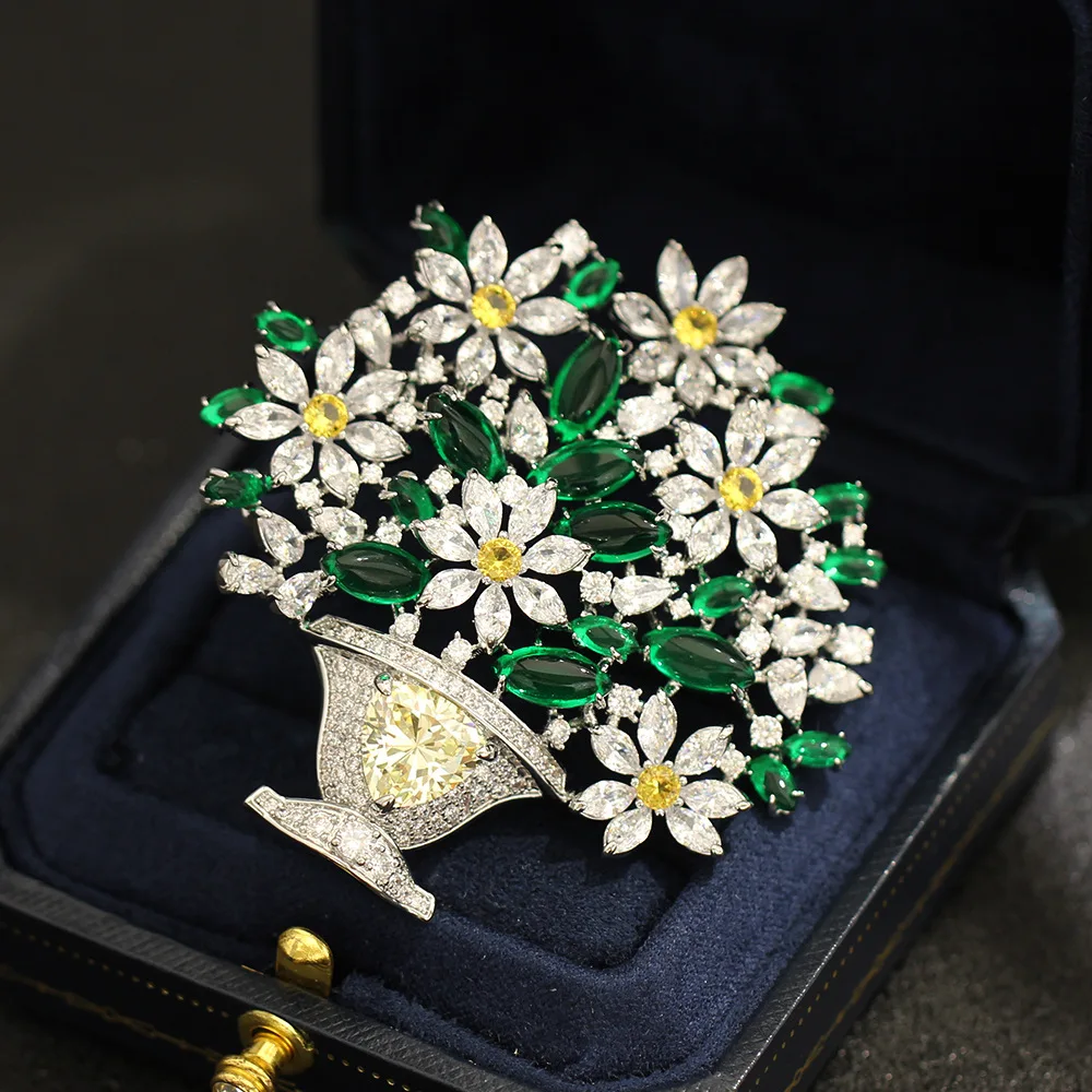 Antique Flower Basket Brooch, Emerald Colorful Gem Heavy Intricate Pin for Gown