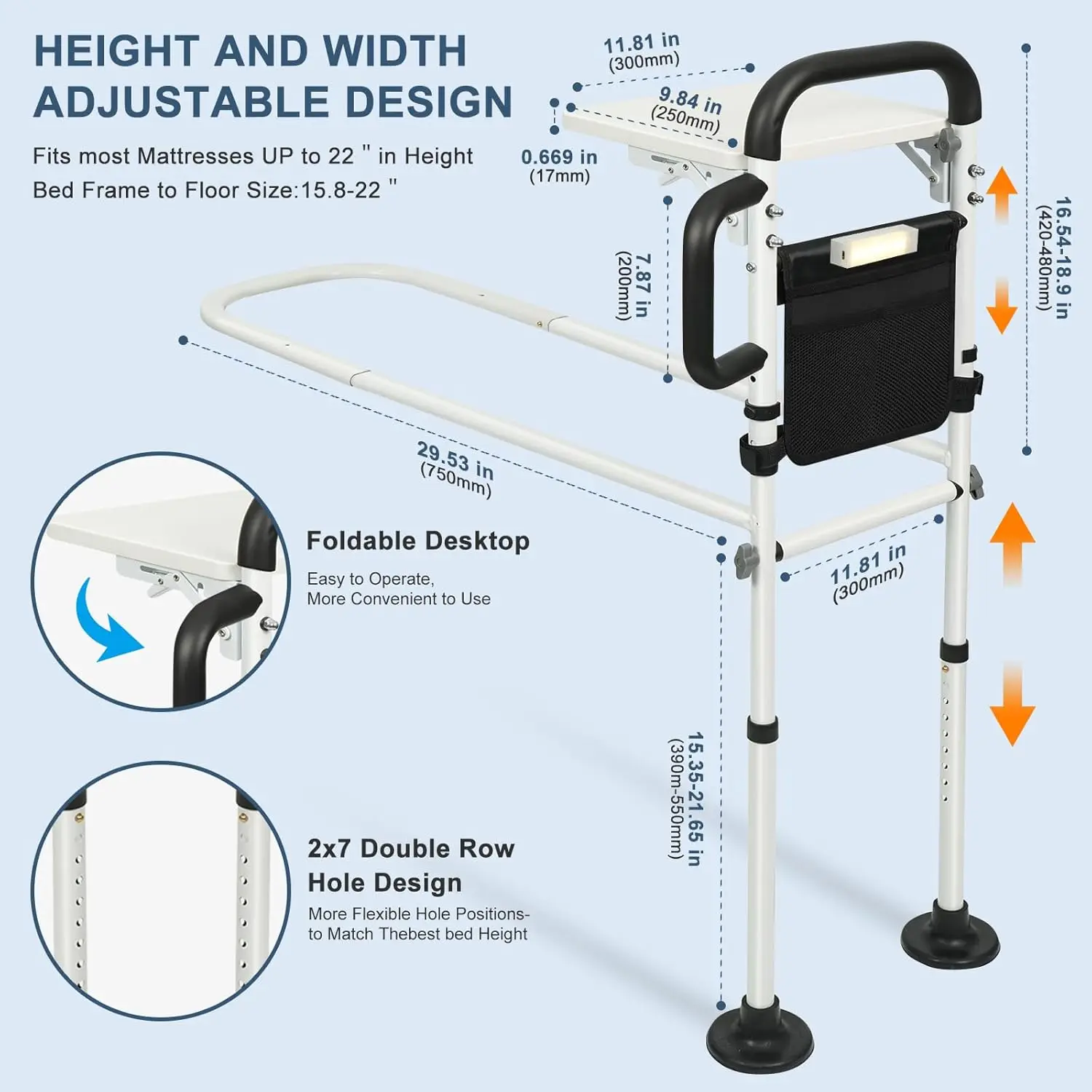 Foldable Bed Rail with Table, Sensor Light & Adjustable Height for Elderly Safety