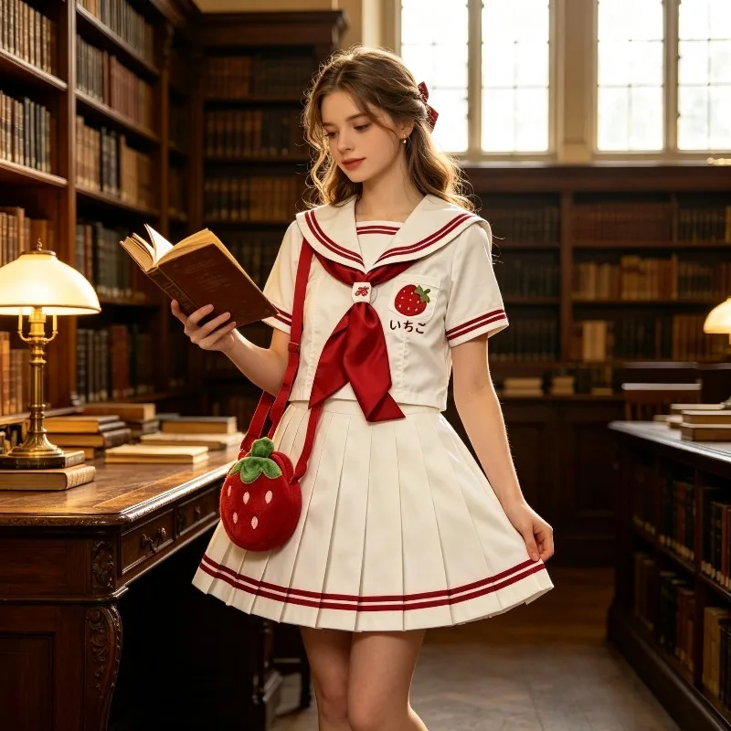 Strawberry Embroidered Sailor Uniform Set, Red and White Contrasted Academic Style Set, Summer Girl Sweet Japanese Two Piece Set