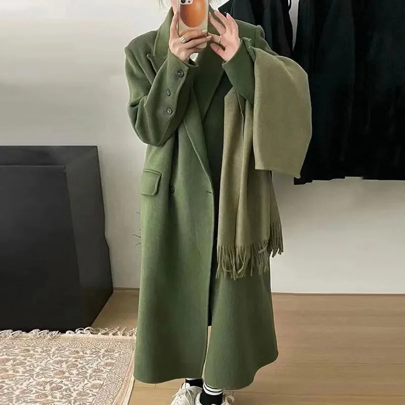 新作 ソフトホワイト ロング ダブルフェイス ウール 100% ピュアウール コート 韓国風 秋冬 スリム 高級 トレンチコート レディース アウター