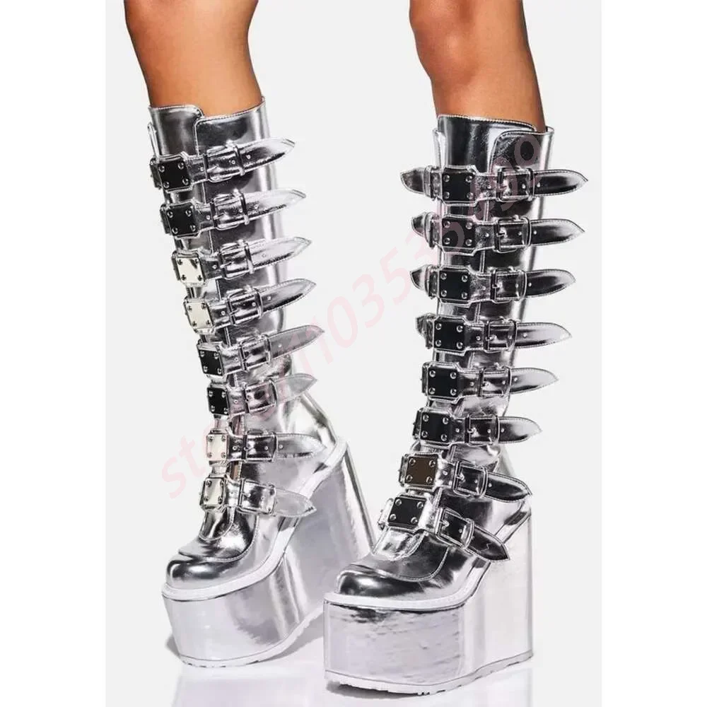 Platform Rock Belt Buckle Motorcycle Boots 2025 New Punk Round Toe Wedge Party Stage Boots Street Fashion Large Size Calf Boots