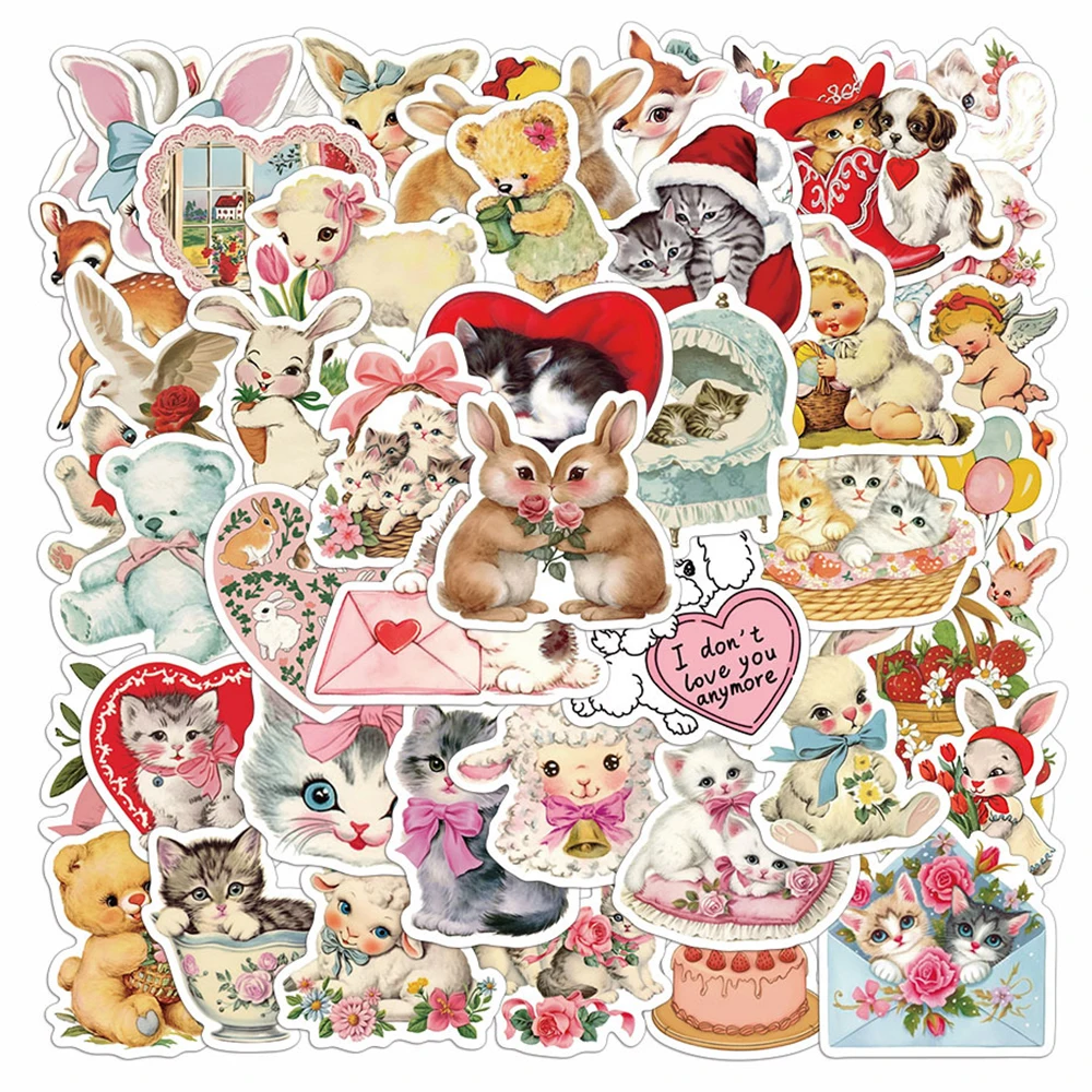 10/30/50pcs Vintage Animals Clipart Stickers Aesthetic Waterproof DIY Laptop Luggage Stationery Retro Cartoon Decoration Decals