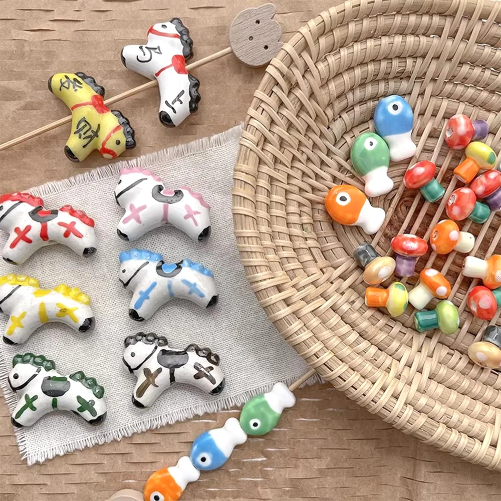 Ceramic Drip Oil Hand Drawn Mushroom Fish Horse Bead DIY Fashion Jewelry Making Necklace, Bracelet, Clothing Accessory Materials
