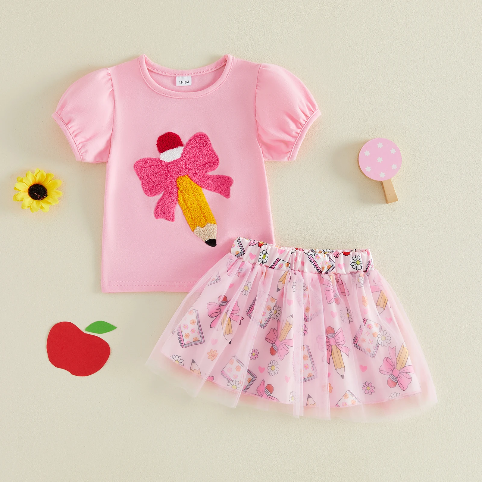 1-5Y Toddler Baby Girl Summer Outfit Cute Back to School Short Sleeve Pencil Bow Embroidery Tops with Skirt 2Pcs Set
