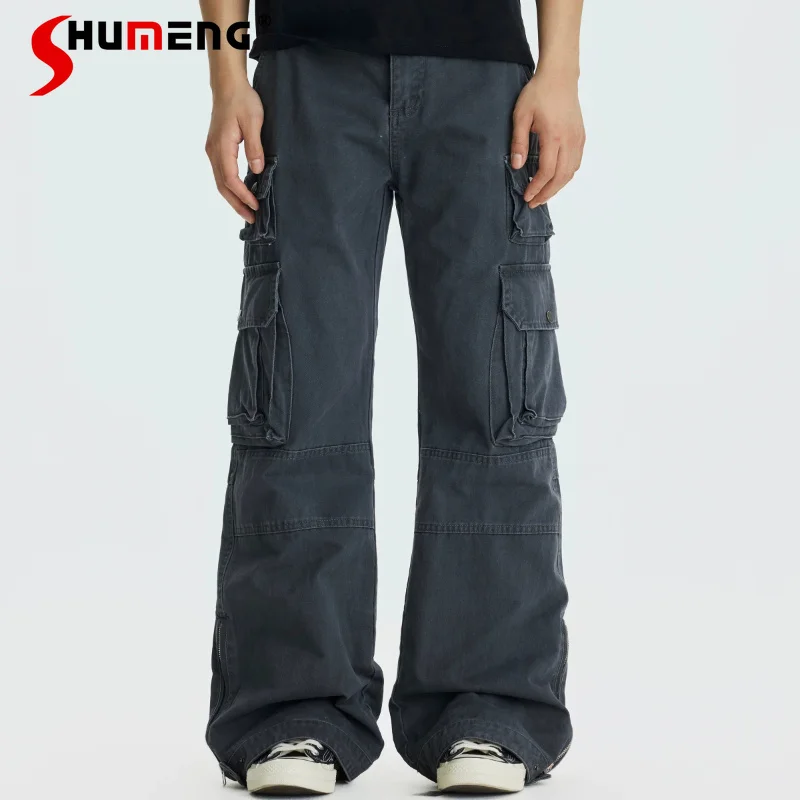 

Men's 2026 Summer New Fashion Multi-pocket Tooling Pants Men's Chic Straight Cotton Flared Pants Male Handsome Solid Color Pants