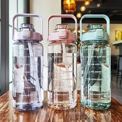 Botella de agua de 2L, taza de agua de plástico con pajita portátil para deportes al aire libre, Fitness, taza grande de grasa de alto valor para adultos con marcador de tiempo