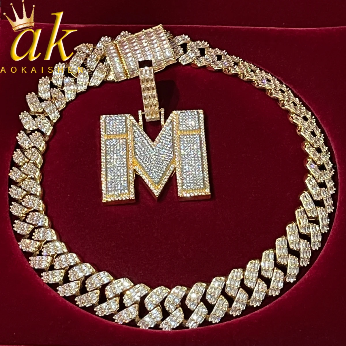 AokaishenA~Z Single Baguette Letter Name Pendant Necklace Chain For Men Full Zircon Rock Rapper Hip Hop Jewelry