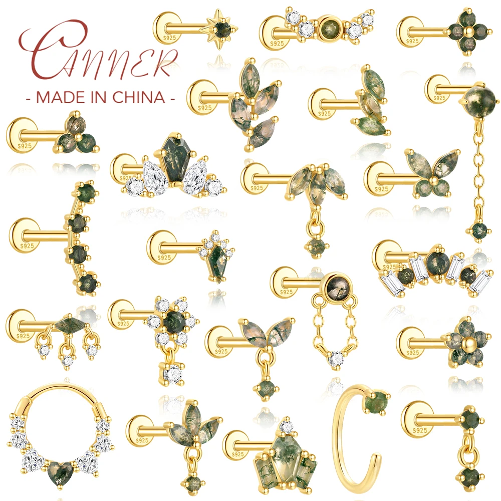 

CANNER 1PC 925 Silver Simple Horse Eye Natural Water Grass Round Flower Stud Earrings For Women 18K Gold Green Moss Fine Jewelry