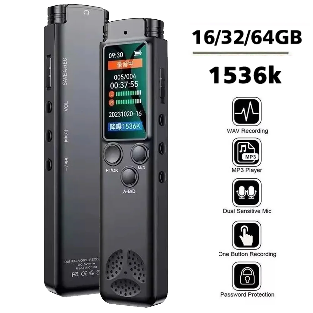 16/32/64GB Digital Voice Recorder Professional HD Noise Reduction MP3 WAV Audio Player One Click Sound Recording Device 280 hour