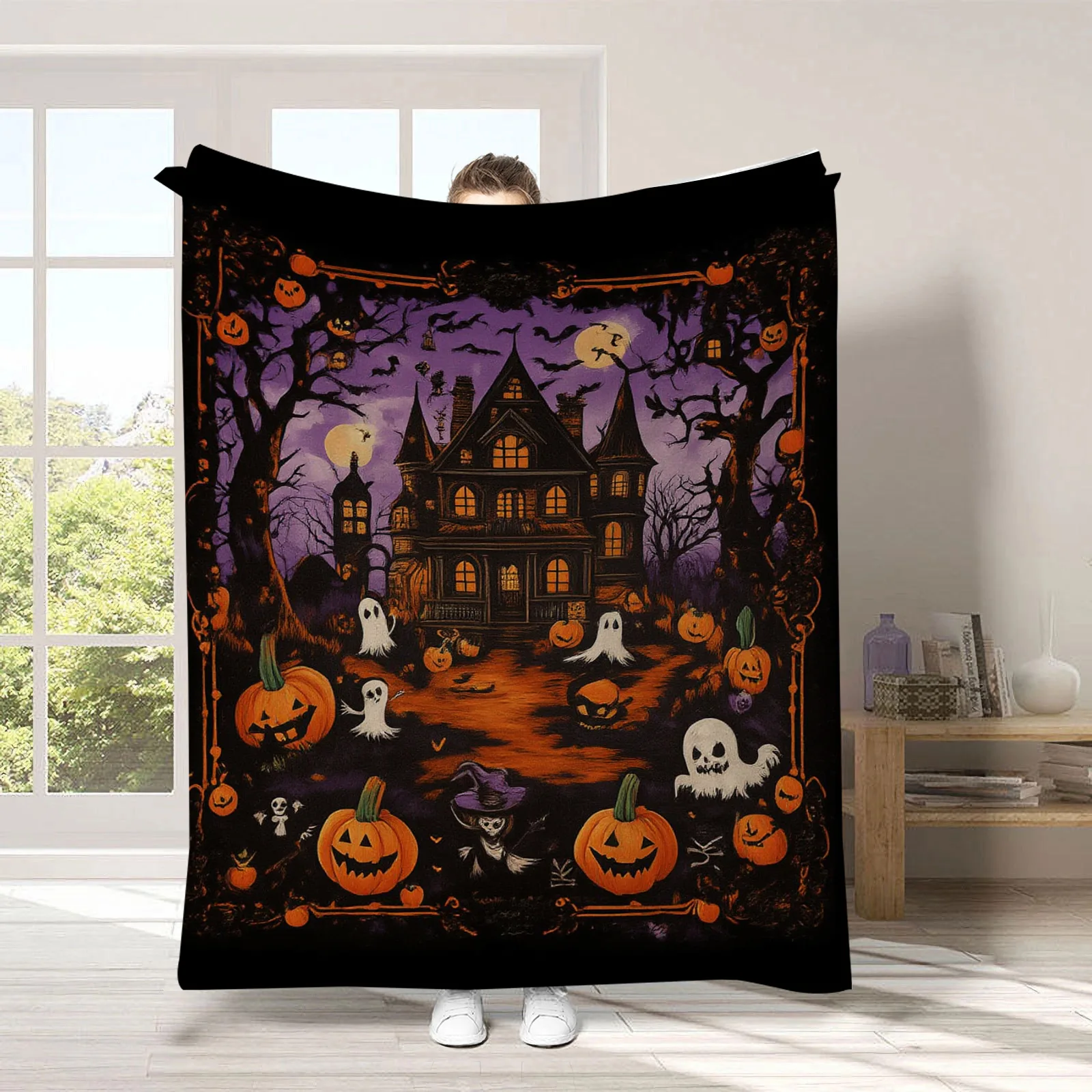 Gruselige schwarze Halloween-Flanelldecke mit Geistern, weiche Universaldecke, multifunktionale Dekorationsdecke, Weihnachtsgeschenk – Detail 18
