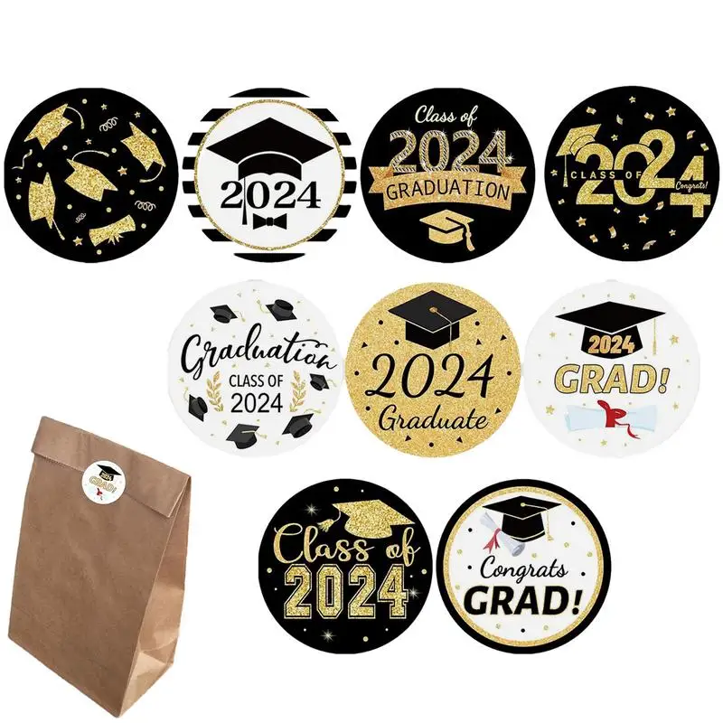 Pegatinas redondas para graduación, 2024, 500, 2024, color negro y dorado, para graduación, suministro para fiesta de graduación, sobre, 2024