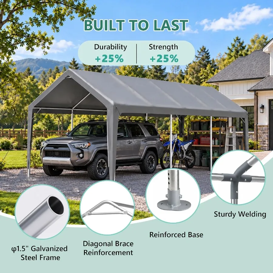 Outdoor Carport Canopy For Weatherproof Shelter Use, Heavy Duty Polyethylene Material, Gray Color, Reinforced Steel Frame And U