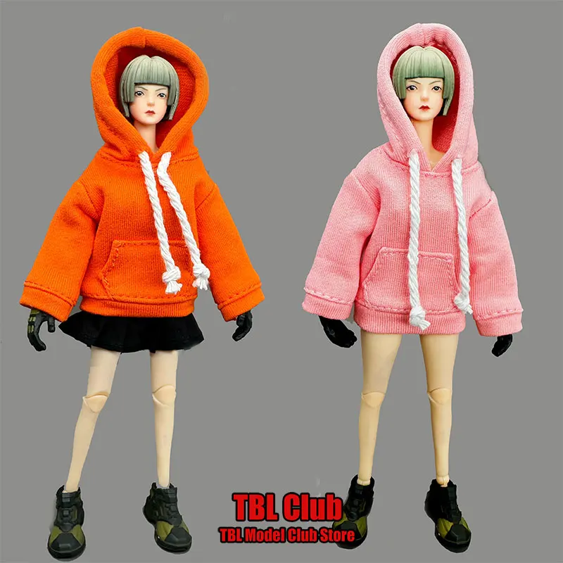 In Stock 1/12 Scale Female Soldier Casual Hooded Drawstring Pullover Solid Color Short Pleated Skirt For 6inch Action Figure