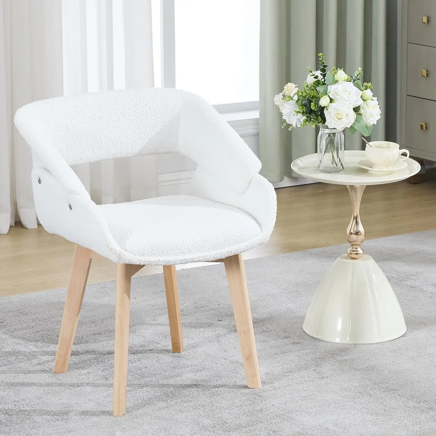 

Modern Sherpa Dining Chairs, Upholstered Kitchen & Dining Room Chairs With Beech Wood Legs, Boucle Kitchen Chairs With Thi