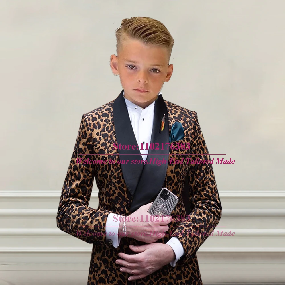 Junge Kind Hochzeit Anzug Leopard Print Blazer Mit Hosen 2 Stück Kinder Kleid Tailore-Made Schwarz Erreichte Revers Jacke kinder Kleider