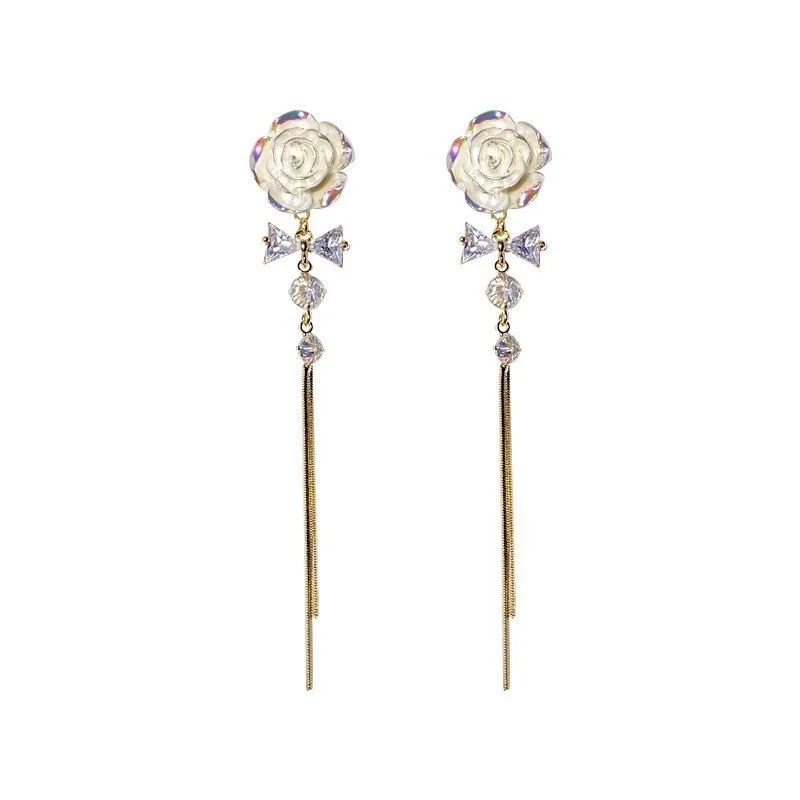 Vergoldete Kristallblatt-Quasten-Tropfenohrringe für Frauen, glänzende Zirkon-Blume, baumelnde Ohrringe, Hochzeit, Schmuck, Geschenk, Y2k – Detail 9
