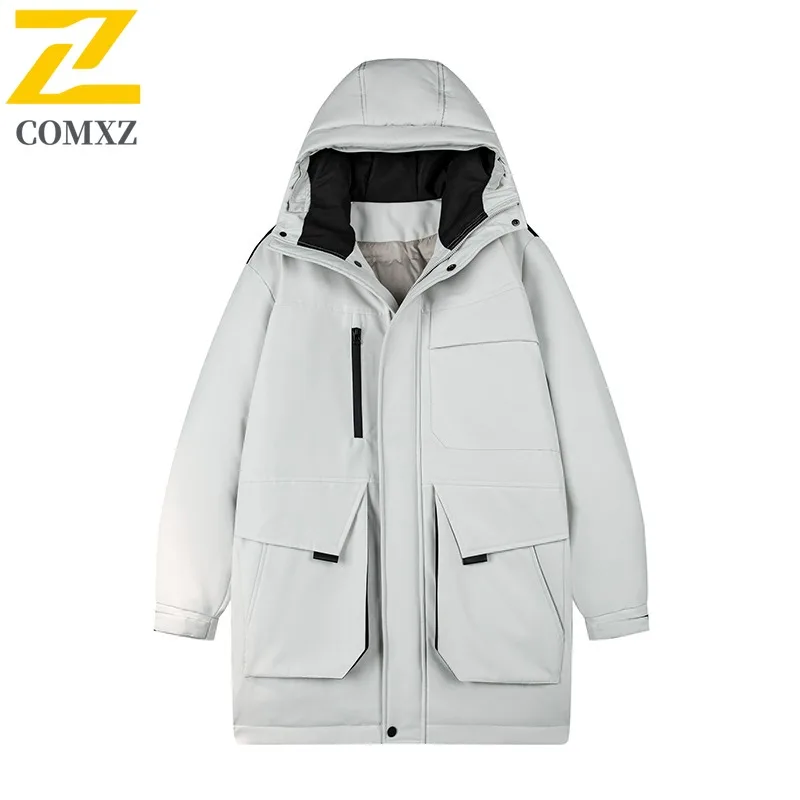 COMXZ Men Long Down Parka Multi Pocket Hooded Ski Travel Warm Loose Snow Padded Jacket Windproof Street Classic Winter Jackets