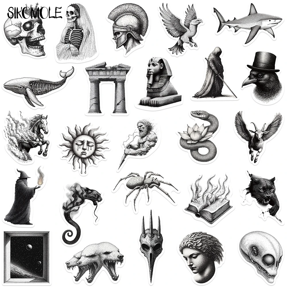 10/30/50PCS Retro Sketch Black And White PVC Stickers Aesthetic Art DIY Decoration Toy Kids Travel Luggage Graffiti Sticker Pack