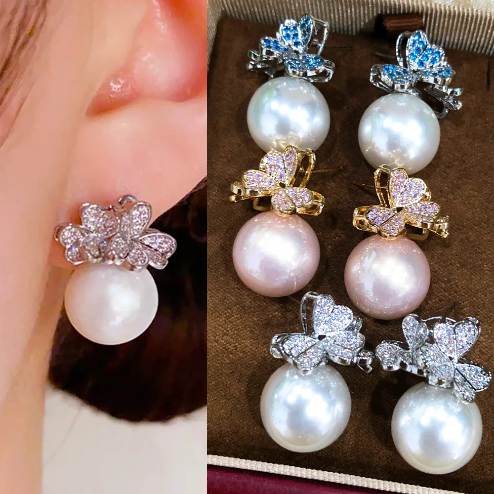 

Missvikki Famous Butterfly Pearl Stud Earrings for Women Wedding CZ Fashion Engagement Party Jewelry pendientes mujer moda