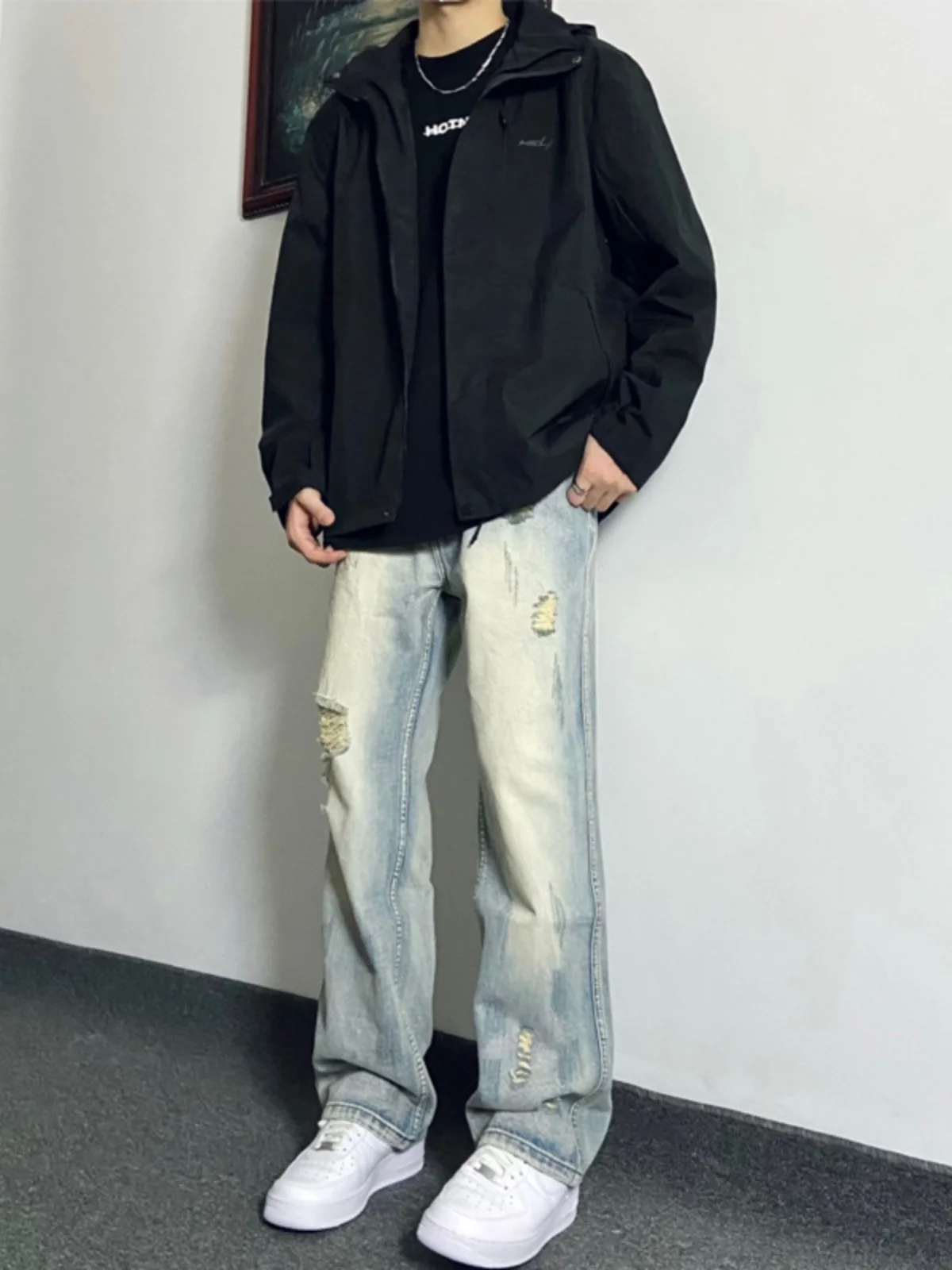 

Мужские джинсы в американском стиле High Street, желтые, цвета охры, рваные, прямого кроя, зауженные, из денима, молодежные, модные, для лета