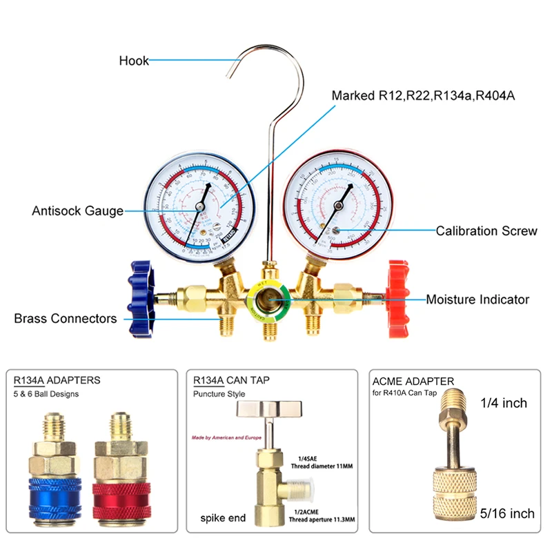 Refrigerant Manifold Gauge Air Condition Refrigeration Set Air Conditioning Tools With Hose And Hook For R404A R410A R134A R22