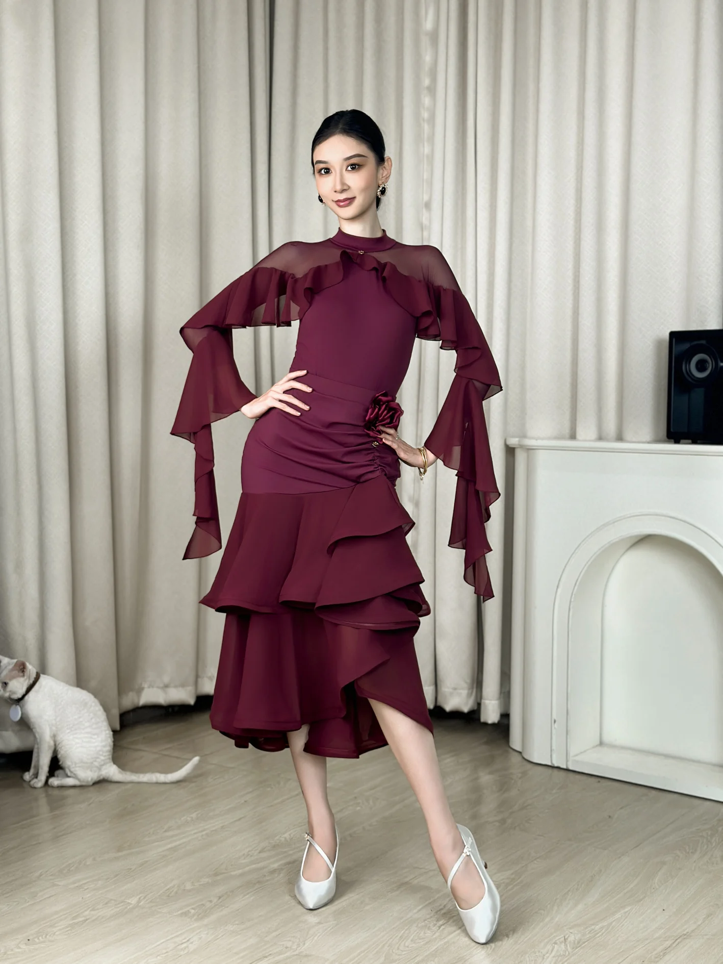 danzhen-modern-dance-practice-suit-spring-summer-square-dance-top-slimming-standard-dance-uniform-h91-long-sleeve-round-neck