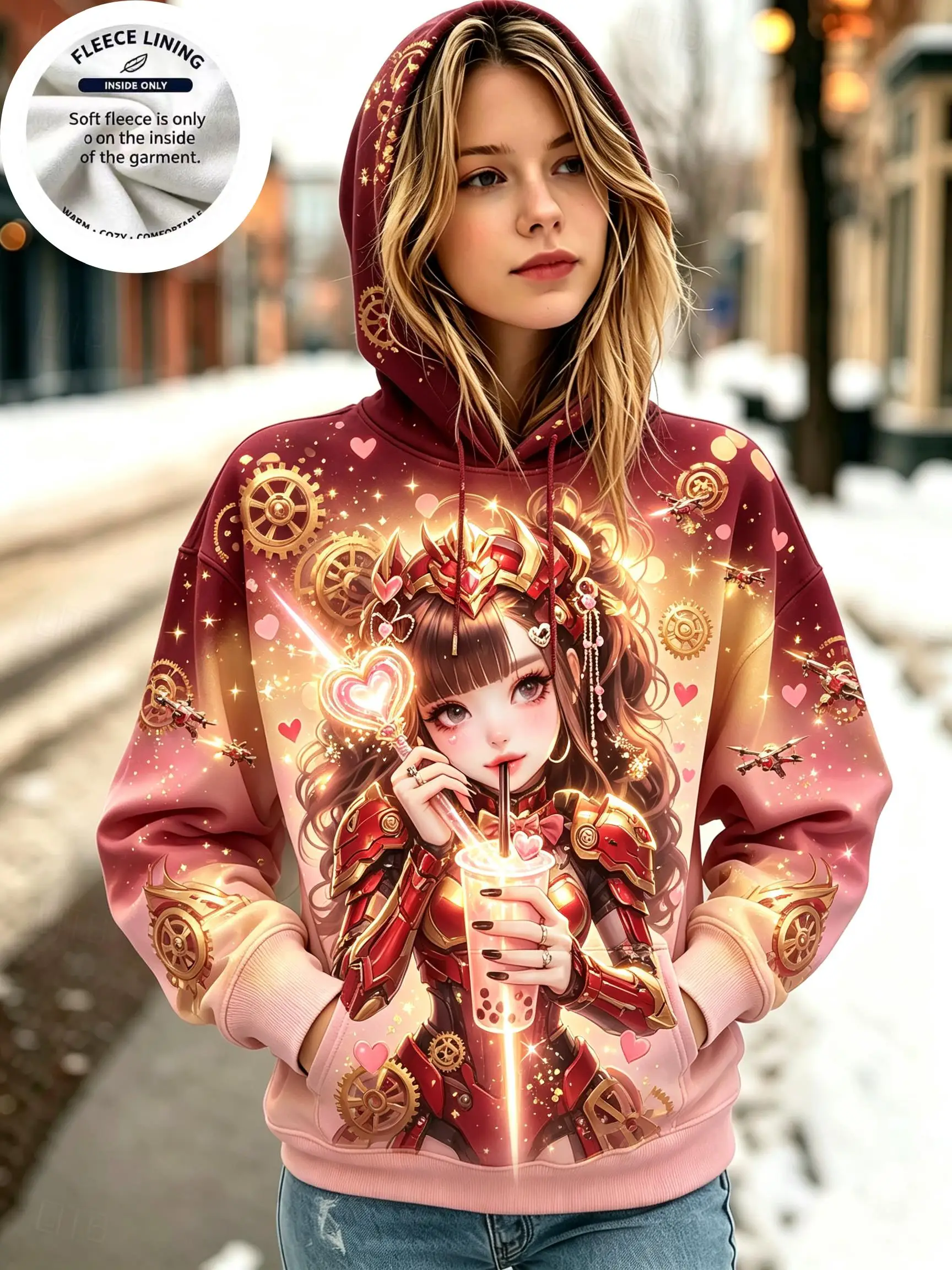 Women Fleece Hoodie, Gradient Anime Girl Print Hooded Sweatshirt Space Astronaut Steampunk Cartoon Pullover