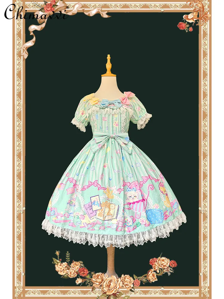

Lolita Sweet Op Dress 2026 New Cute Cartoon Print Kawaii Bow Short Sleeve Girls Elegant Princess Dresses for Women