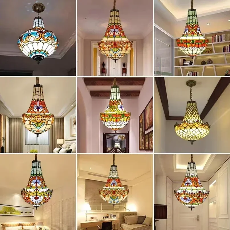 2025 Tiffany Mediterranean Living Room Bedroom Dining Room Chandelier Mediterranean Vintage Stained Glass Staircase Pendant La