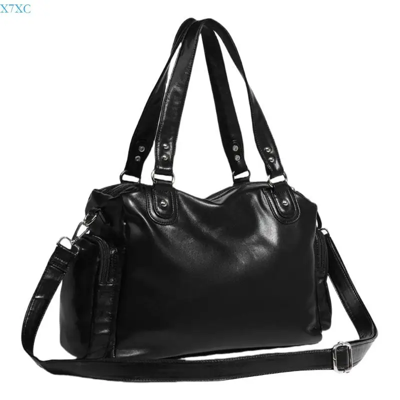 

X7XC Vintage PU Leather Motorcycle Shoulder Bag Large Capacity Handbag for Everyday Use Zippered Crossbody Bag