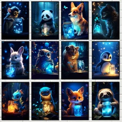Cute Animal Poster Blue Fluorescence Butterfly Lion Dog Monkey Tiger Prints Canvas Painting Wall Art Picture Kids Room Decor