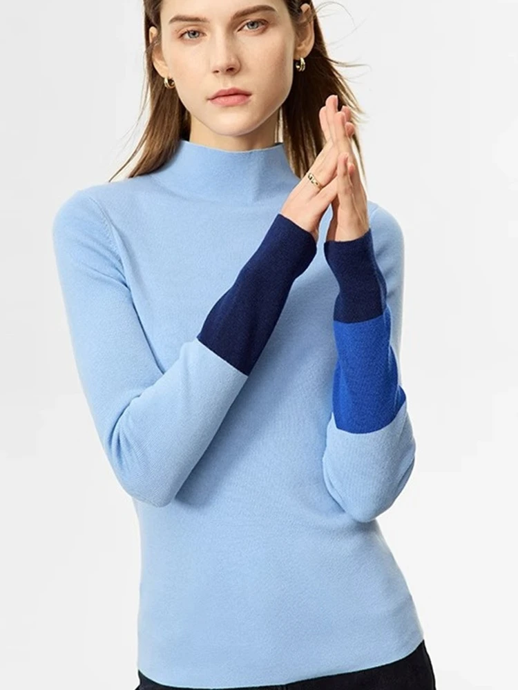 المرأة الشتاء نصف الياقة العالية معطف شتاء موضة محبوك كتلة اللون سليم تنوعا البلوز خمر بلايز عادية كم طويل