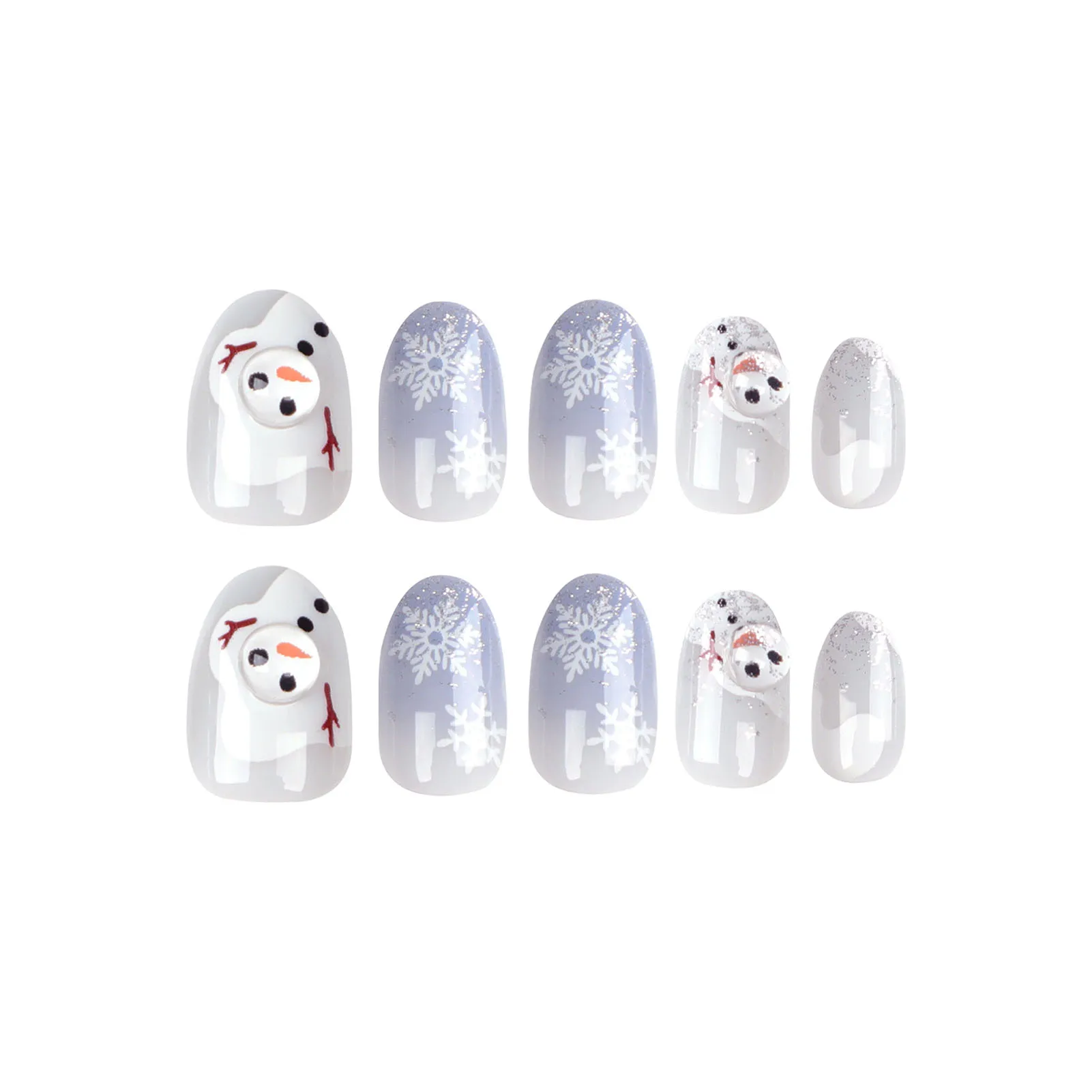 Prego artificial reutilizável para mulheres, cor gradiente, unha falsa, estampa floco de neve, azul e branco, especialista em salão, unhas, 24 peças