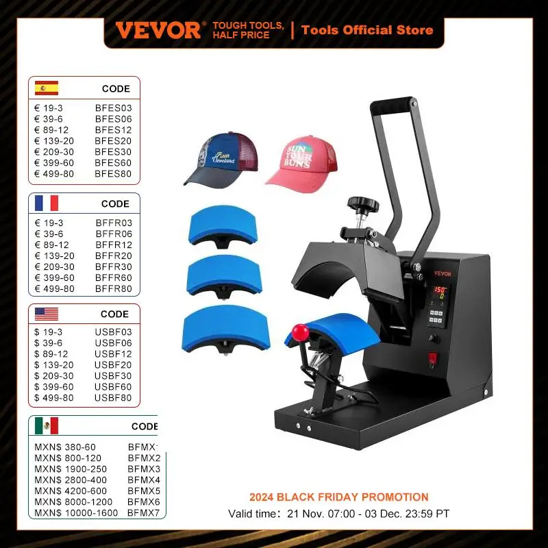 VEVOR Hat Heat Press 4 in1 Cap Heat Press Machine 6x3inches Clamshell Sublimation Transfer LCD Digital Timer Temperature Control