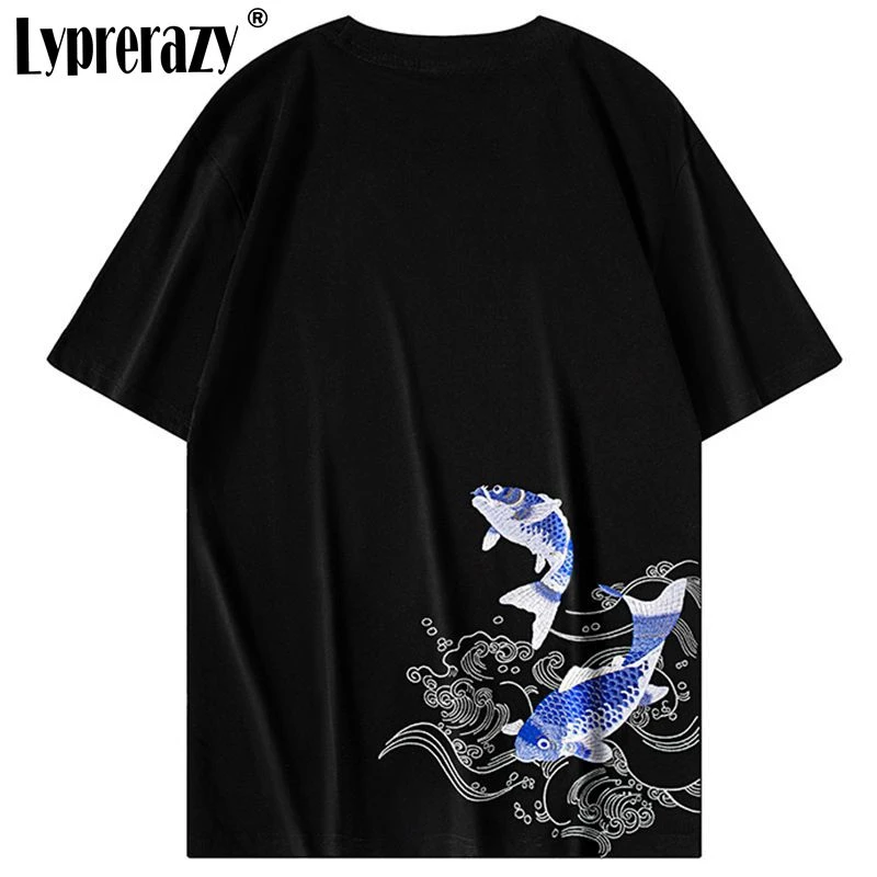 

Lyprerazy Summer Chinese Style Carp Embroidery Short-sleeved Men T-shirt Cotton Loose Tops Tees