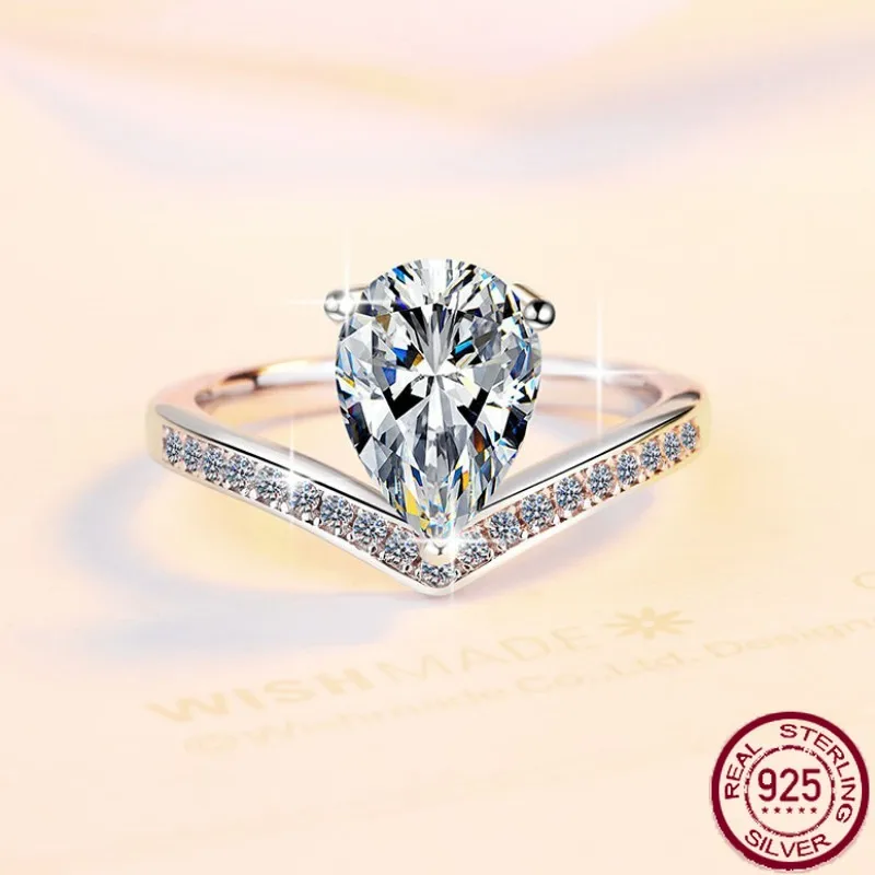 

New moissanite women's ring s925 pure silver European and American fashion teardrop pear-shaped two-carat crown ring wedding