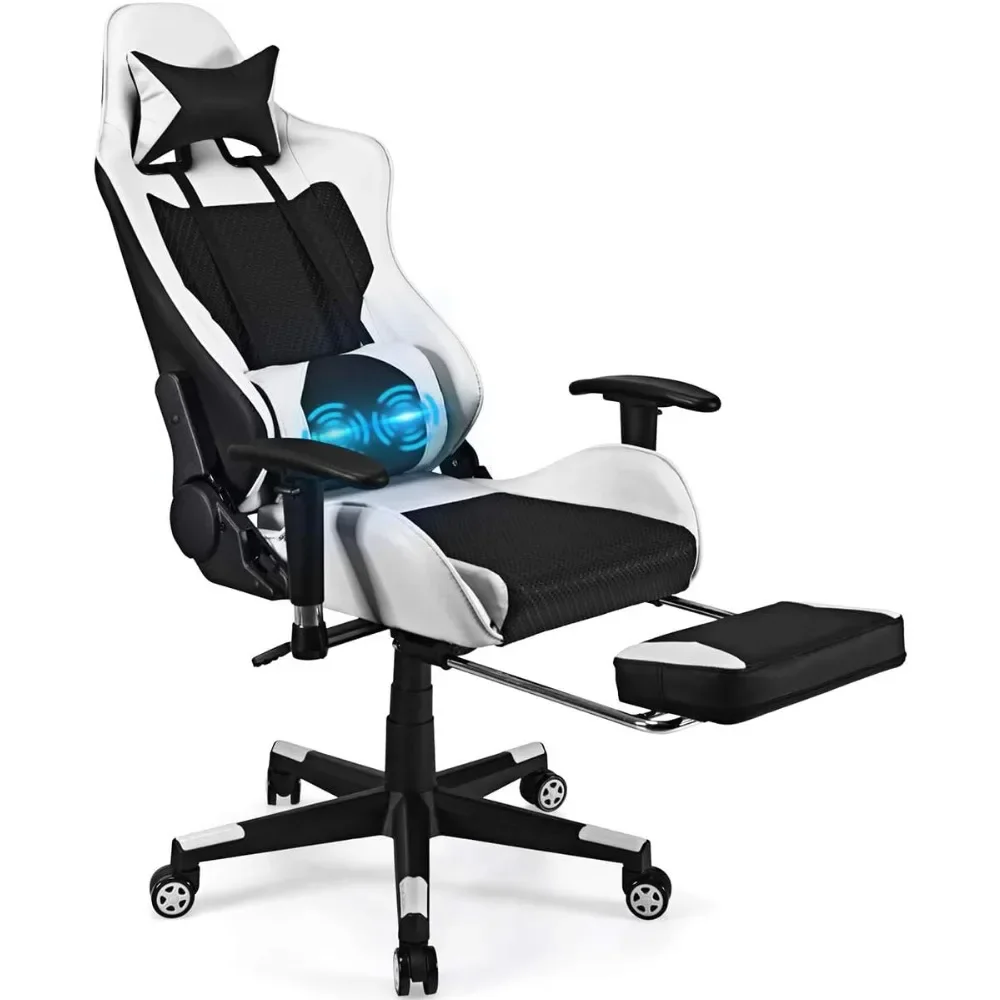 

Game chair with footstool, high back massage leather lounge chair, rolling rotating chair (white) GM