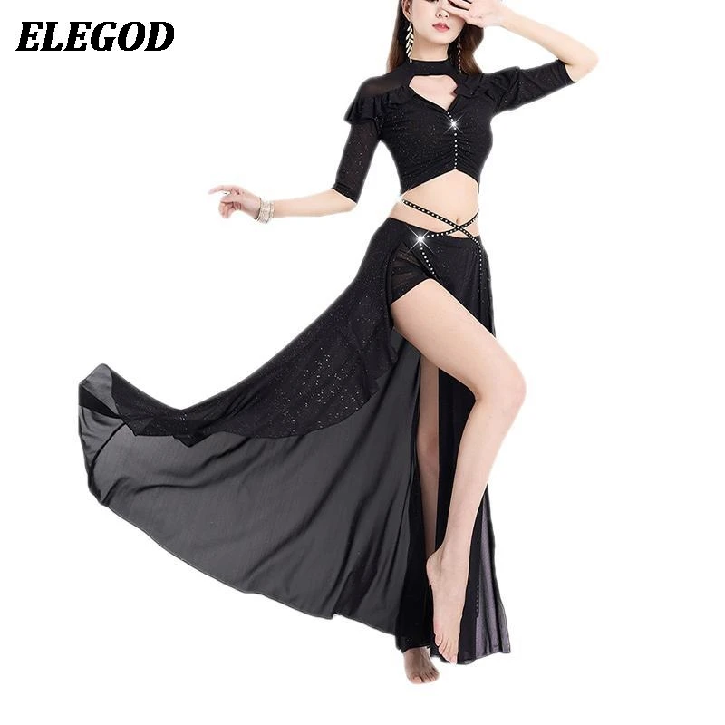 Adult Belly Dance Costume Set Ladies Oriental Bellydance Outfit Women Elegant Top and Skirt with Hair Band Dance Training Suit