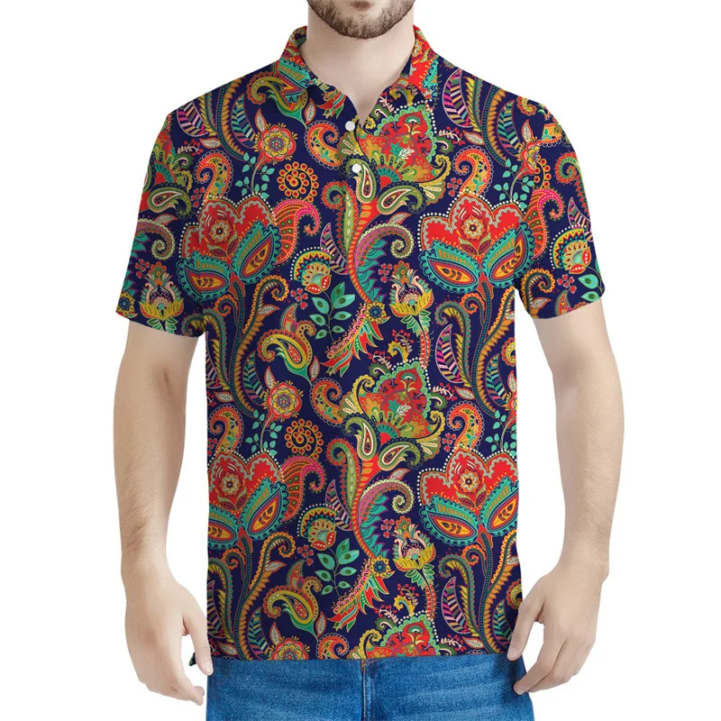 Colorful Boho Paisley 3D Printed Polo Shirt For Men Floral Pattern Short Sleeves Summer Lapel Tees Casual Button POLO Shirts