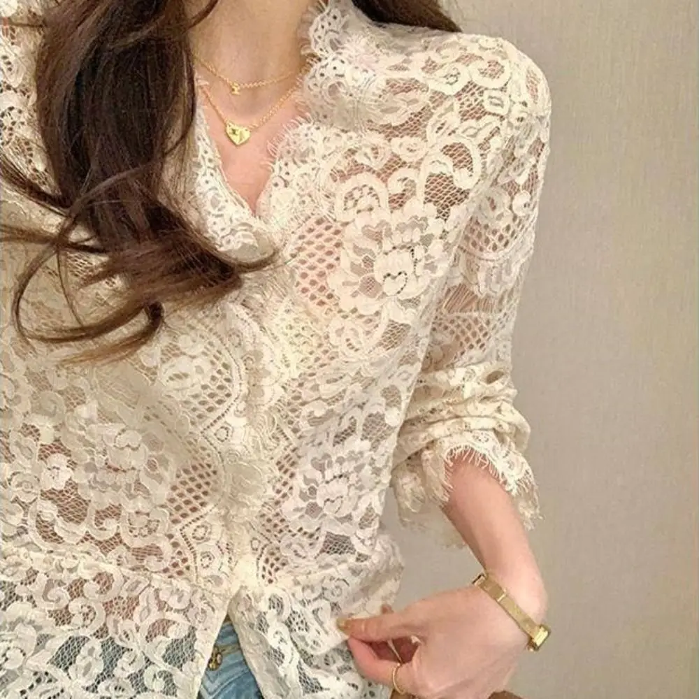 

Undertop Chic Lace Shirts for Women Undershirts V Neck Lace Blouse See Through Flower Hollow Long Sleeve Tops Women
