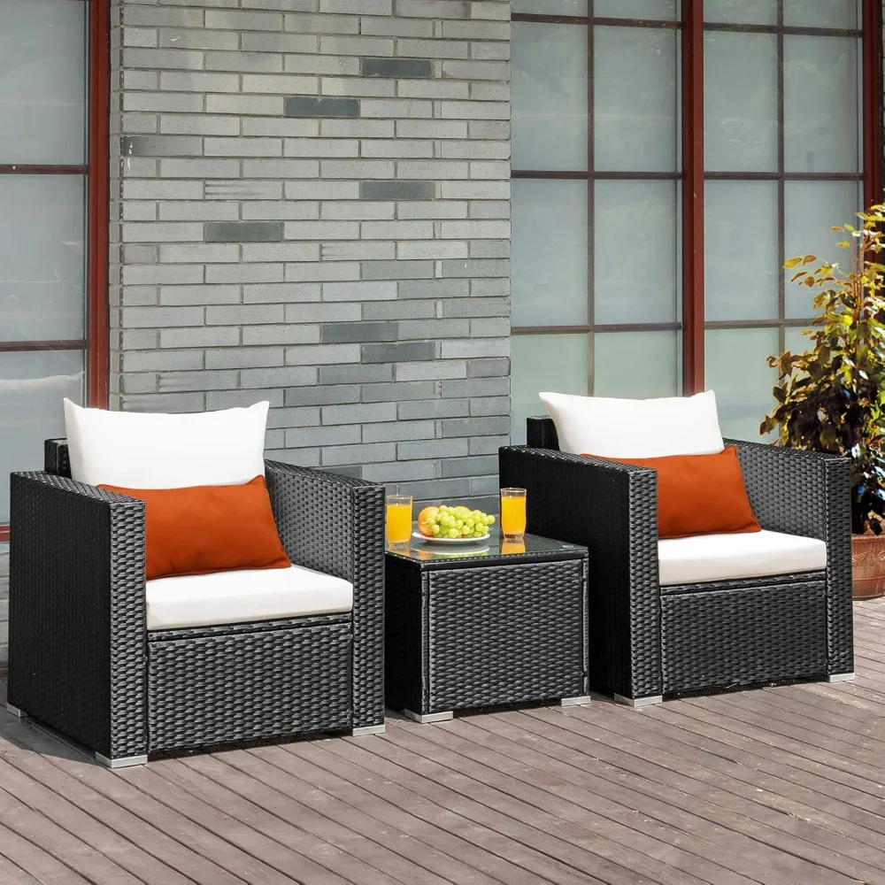 

Outdoor Patio Furniture Set, Cushioned Armchairs and Tempered Glass Coffee Table, Wicker Rattan Sofa Set for Garden, Balcony