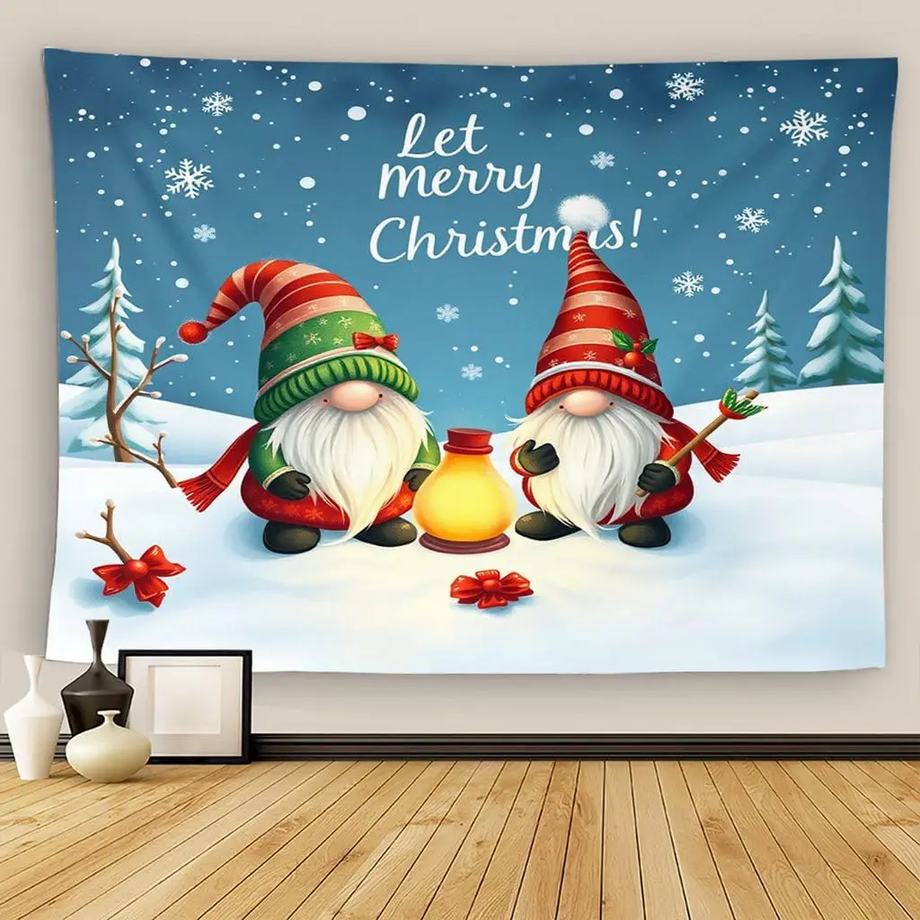 Gnomes Christmas Tapestry Wall Hanging Let It Snow Winter Scene Lightweight Polyester Fabric Ethnic Decor for Bedroom Living