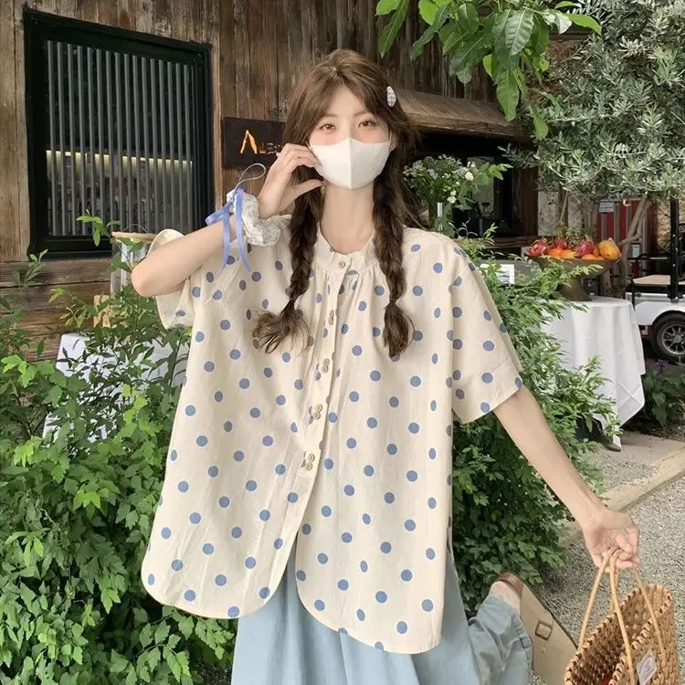 

Polka Dot Short-sleeved Shirt Summer New Loose Dopamine Design Top Ins Style Shirt