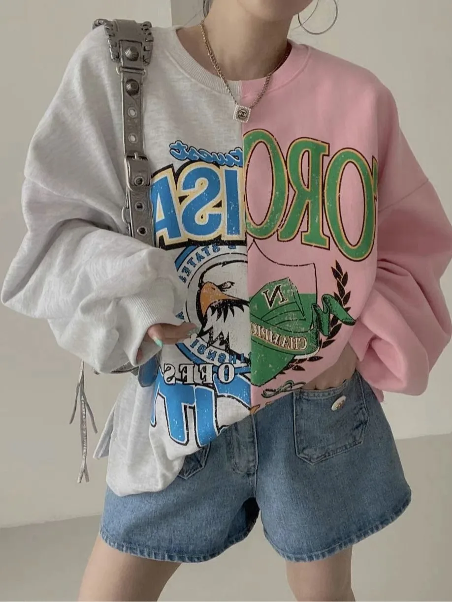 Felpa con stampa cartoon retrò chic rotonda Ne Color Blo Long Sve Letter per donna Primavera Autunno Inverno Sciolto Versatile...