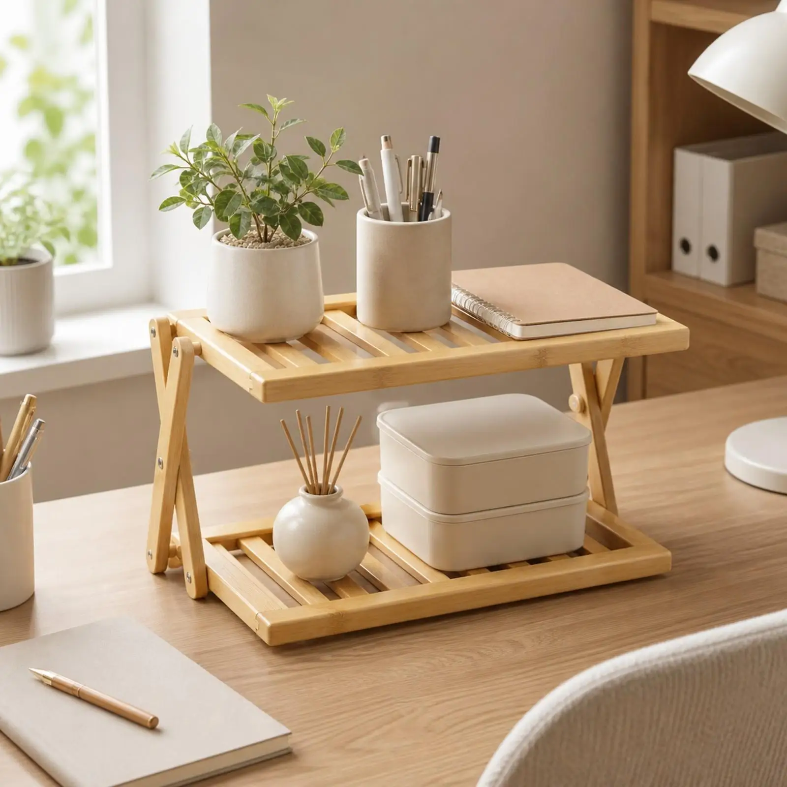 Tabletop Storage Rack with Hinged Side Frames Versatile 2-Tier Slatted Tabletop Organizer 2-Tier Bamboo Desktop Organizer Shelf