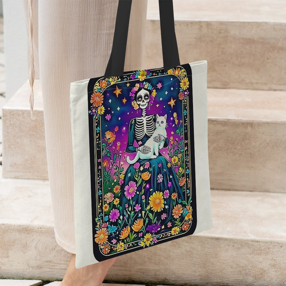 1Pc Funny Skeleton And White Cat Pattern Tote Bag Gifts Reusable Portable Grocery Bags For Gym Weekend Beach Travel Grocery