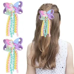 Ncmama 2Pcs Cute Unicorn Hair Clips Cartoon Unicorn Hairpin per neonate Boutique Ribbon Curly Barrettes accessori per capelli per bambini