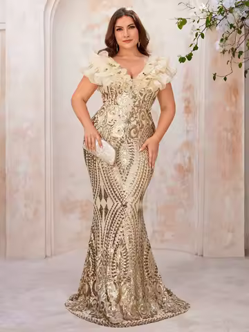 Plus Size Champagne Sequin Mermaid Evening Dress with Ruffled Off-Shoulder Neckline